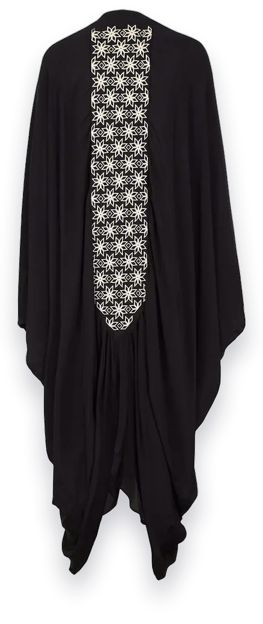 Back of the Layla star kimono in Midnight Black: black rayon with a panel of ivory embroidered stars down the centre back